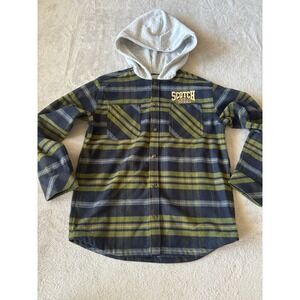 Scotch & Soda Boys Sz Large Kids' Yarn Dyed Hooded Shirt Jacket‎ In Navy Plaid